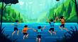 © NOVÁKOVÁ KATEŘINA - Children wearing life jackets jumping into a lake in a forest. Youth enjoying summer activities at a mountain camp. Outdoor adventure and safety concept for travel and youth recreation marketing.
