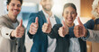 © peopleimages.com - Thumbs up, success and business people in office for teamwork, collaboration and approval. Corporate, smile and workers with hand gesture for promotion, good opinion or feedback for company agreement