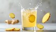 © Rendy Dastian - Ginger slices splash into a refreshing glass of drink on a table.