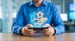 © Ben - Businessman holding smartphone with glowing star rating and feedback icon on virtual screen