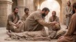 © Artem - Apostle Peter laying his hand on a sick man's forehead to heal him on a straw mat surrounded by disciples, in a realistic New Testament Biblical scene.