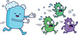 © Mostrenu - Cute Cartoon Soap Bar Character Chasing Scared Germs and Bacteria for Kids Hygiene and Handwashing Education Vector Graphic Illustration