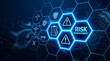 © Mirivox - Digital network of risk management icons, including warning signs and checklists, symbolizing business strategy and security in a futuristic blue glow