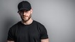 © Vlad - Front view portrait of a man in a solid black tee and cap with an empty logo panel for customization
