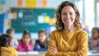 © Pulapan - Smiling female teacher standing in primary school classroom.