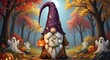 © ShamsulIslam - Halloween gnome in autumn forest with ghosts and pumpkins on spooky night