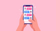 © Ardande - Modern Mobile Messaging Illustration featuring hands holding a smartphone with a colorful chat interface on a pink background ideal for social media marketing and digital communication concepts.