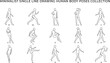 © Malati - Minimalist single line drawing human body poses collection with abstract linear male and female figures in walking sitting standing dancing and running gestures