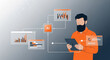 © Mirivox - Man with beard and orange shirt uses tablet with AI data visualization, symbolizing technology and analysis.
