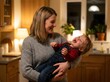 © kila - A happy mother holding her laughing baby boy in a cozy kitchen at night, both smiling and enjoying a heartwarming moment together