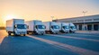 © Noer Aditia - A fleet of white delivery trucks parked in a row at a logistics center during sunset, ready for distribution.