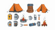 © ganu - Colorful camping gear icons including tents, backpack, sleeping bag, camping stove, kettle, coffee maker, jug, fuel, wrench, and campfire