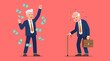 © Dibagem - Financial Contrast of Retirement featuring happy senior businessman with falling money versus poor elderly man with cane ideal for pension planning and investment marketing.