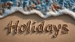 © SSP - The word 'Holidays' is written in sand at the beach, with gentle ocean waves approaching the shore.