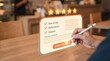 © Mk Design store - Hand using stylus to fill virtual customer feedback and five star review hologram, Digital survey and online rating concept showing customer satisfaction interface.