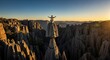© Владимир Platon - A traveler standing on the very top of a pointed rock needle in a massive stone forest, raising hands up during a beautiful golden sunset.