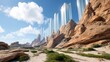 © MarinkaLev - Low angle shot of tall, biomimetic fog harvesting structures on a rocky desert cliff, shimmering nano mesh panels collecting mist into visible streams