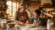 © Bernardo - Grandmother Teaching Grandson Baking in Warm Rustic Kitchen