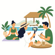 © Nur - People practicing yoga and filming content at a tropical resort.