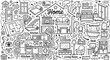 © Kanon Islam - Home interior design doodle set with house layout elements and room furniture sketches in black ink style interior furniture bathroom architectural illustration residential apartment