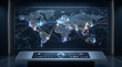 © Sharna - Large digital wall screen displaying a global network map with glowing data paths in a dark high-tech command center with a control console