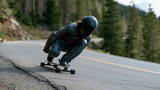 A longboard racer in a full leather suit and aerodynamic helmet tucks into a low crouch as their board screams down a steep mountain road, arms back, wheels inches from the