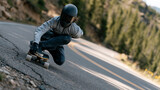 A longboard racer in a full leather suit and aerodynamic helmet tucks into a low crouch as their board screams down a steep mountain road, arms back, wheels inches from the