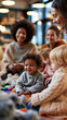 © Kateryna - Wide shot of a circle of mothers and young children seated on colorful floor mats in a bright community hall adults and toddlers engaged in a playful group activity together