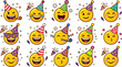 © MdNipon - Cute birthday celebration party emoji face icons set with colorful hats confetti and generative AI technology