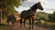 © Вадим Перегудов - Brown draft horse harnessed to a wooden cart loaded with hay and sacks. Traditional agricultural transportation on a rural dirt road. Countryside farming landscape