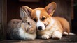 © Harry - Adorable fluffy corgi puppy and a cute brown bunny rabbit resting together in a peaceful display of animal friendship today