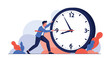 © Jack - Determined businessman in a blue suit trying to stop or push back time by holding the needles of a giant clock face.