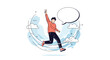 © Rubina - A man joyfully leaps with a victory sign and an empty speech bubble, surrounded by dynamic abstract shapes and clouds, conveying success and communication.