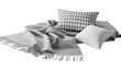 © Nicolas - Cozy grey knitted throw blanket with fringe and two pillows, isolated on transparent background