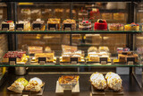 Cakes pastries and desserts in bakery display case