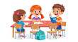 © Adam - Children sitting at school desk, happy kids in classroom, education concept, cartoon style