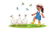 © Adam - Little girl playing with white geese on green grass, farm fun concept, kids outdoors