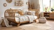 © sahrul - Interior scene features a stylish daybed constructed from curved woven natural fibers in a softly lit room.