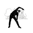 © Sutrisno - Silhouette of an elderly man doing side bend stretching exercises outdoors in front of a suburban house line art drawing. Concept of healthy senior lifestyle and morning fitness.