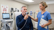 © INT888 - Man breathing test nurse clinic medical lung spirometry patient respiratory health healthcare exam with calm support in modern room