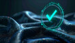 © ezra - Digital Verification and Success Symbol: A glowing cyan checkmark within a digital interface circle symbolizes confirmation and success, set against a dark.