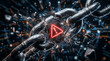 © solom - Macro close up of a heavy iron chain link breaking and shattering into pieces with a glowing red exclamation warning sign concept for cybersecurity breach or data system failure