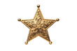 © PixelWright - Polished golden sheriff star badge with ornate floral scrollwork engravings and five pointed tips isolated on a transparent background
