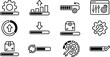 © Mdjillur - Loading progress bar icons with gear settings and upload download arrows for system status updates