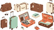 © Remi - Vintage and Modern Travel Luggage Vector Set with Open Suitcases Packed Clothes Retro Bags and Rolling Trolleys for Vacation Planning Concept