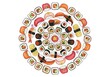 © Vector Stock - Japanese sushi mandala illustration, circular arrangement of nigiri and maki rolls, colorful seafood pattern on white background for restaurant menu