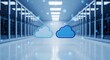 © Aldis - Server room hallway with cloud icons & floating particles, blue-toned rendering