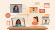 © Allen - Five diverse remote team members connect via video call on laptops with icons for calendar, target, chat, globe, and next steps