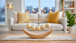 ©  VladaToday - Newton cradle on wooden table in modern living room kinetic sculpture for interior background and banner design showing balance and decorative motion