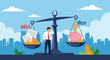 © Farhana - Confused businessman standing between sell and buy options on a large balance scale trying to make a market decision.